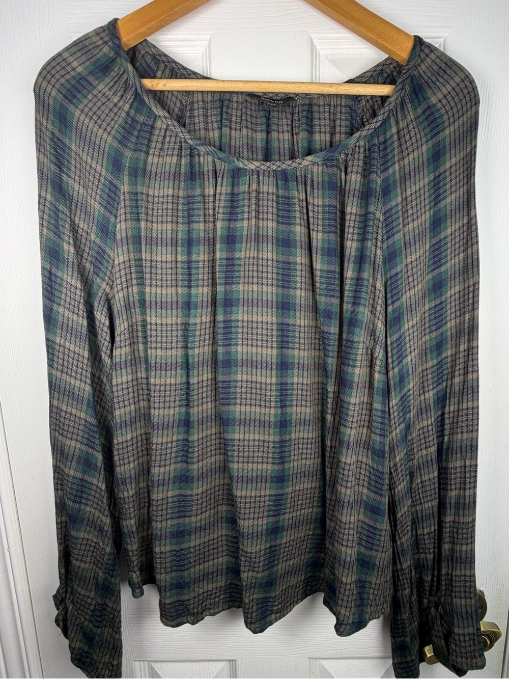 RW&CO. Green Brown Tartan Peasant Top XL Plaid Cottagecore Boho Lightweight